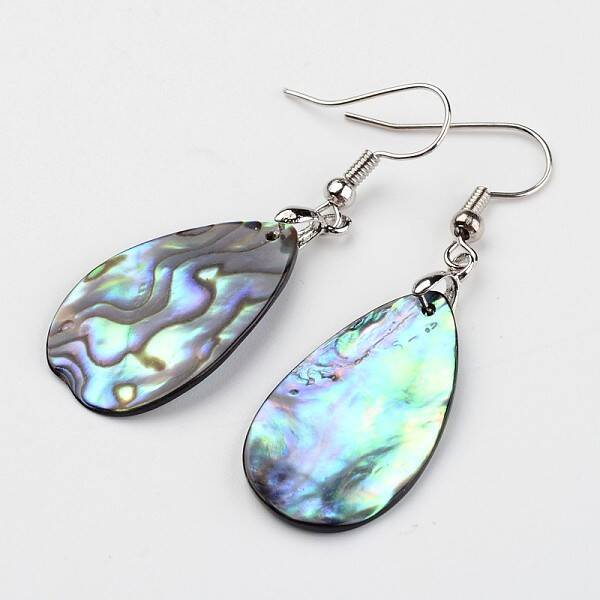 Teardrop Platinum Tone Brass Natural Paua Shell Dangle Earrings