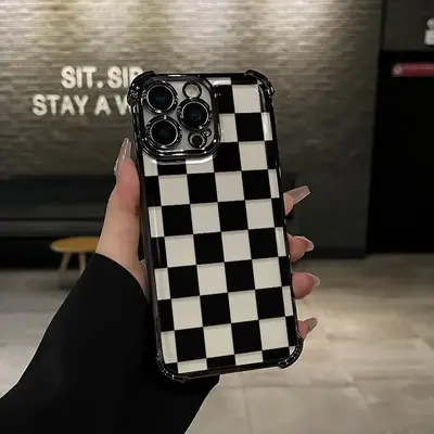 Black checkered Pattern Four-corner drop-proof TPU phone case for iPhone 16 15 14 Pro Max 13 12 11 XR XS Plus shockproof full...