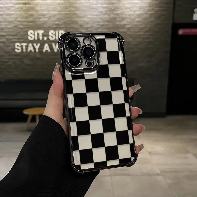 Black checkered Pattern Four-corner drop-proof TPU phone case for iPhone 16 15 14 Pro Max 13 12 11 XR XS Plus shockproof full...
