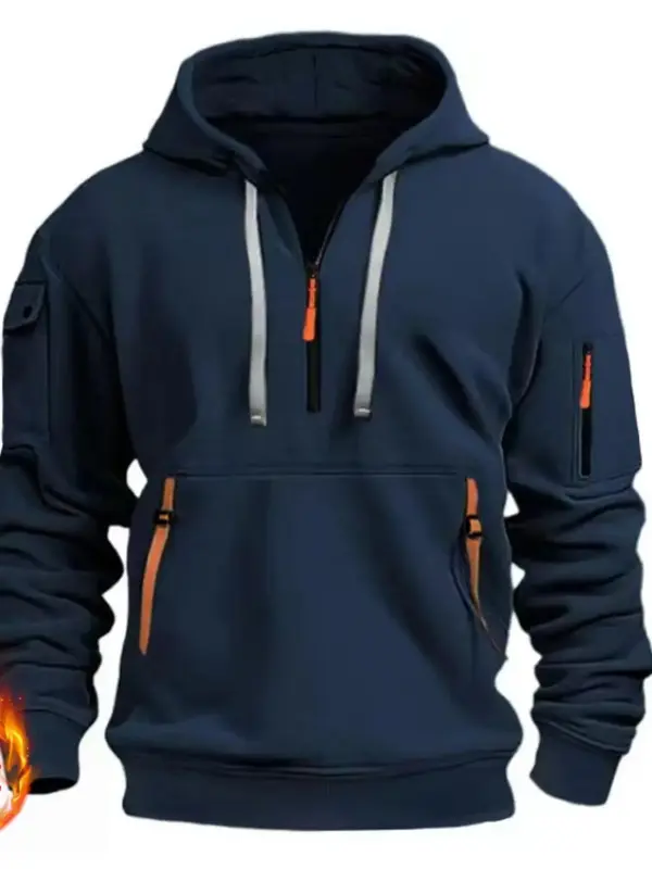 Men's Colorblock Half Zipper Hoodie Top, Casual Regular Fit Long Sleeve Drawstring Pocket Hooded Top for Spring & Fall, Fashi...