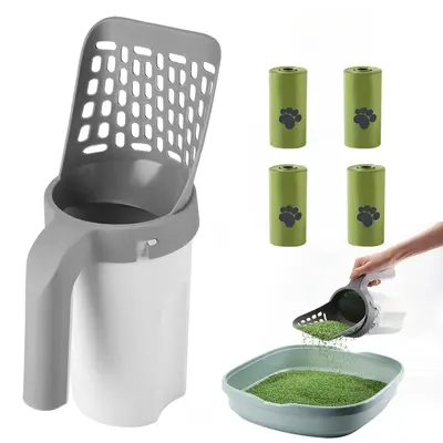 Summer Cat Litter Shovel with 4 Rolls Garbage Bag, Portable Trash Can Cat Litter Shovel with Trash Bags, Cat Litter Scoop, En...