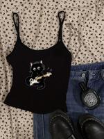 Women's Cat & Guitar Print Cami Top, Y2K Casual Adjustable Strap Top for Daily Wear, Ladies Clothes for All Seasons, Womenswe...
