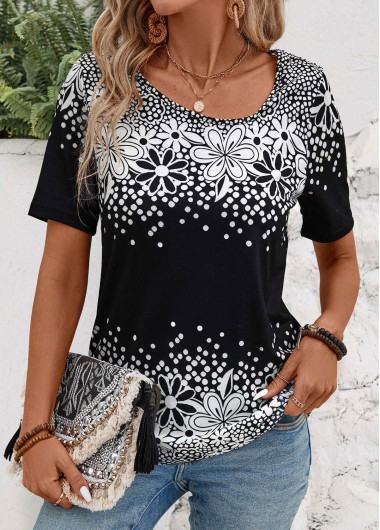 Modlily Black Floral Print Short Sleeve Asymmetrical Neck T Shirt - M