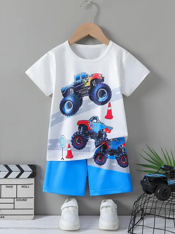 Two-piece Set Boy's Excavator Print Short Sleeve Tee & Elastic Waist Shorts, Casual Round Neck T-shirt & Shorts, Kids Summer ...