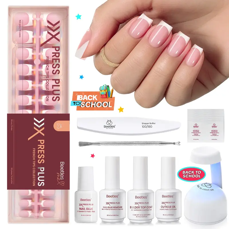 Beetles French Tip Press On Nails French Gel Nail No File Need Fake Nails 4-in-1 DIY Manicure for Nail Extension Designs fo...