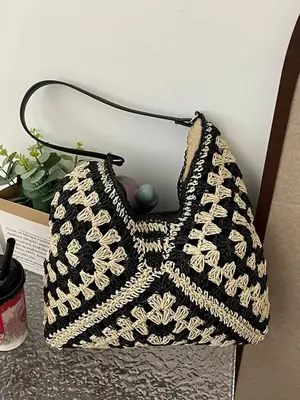 Hollow Out Knitted Tote Bag, Summer Outfits 2024 Casual Versatile Large Capacity Shoulder Bag for Summer Vacation Beach, Tren...
