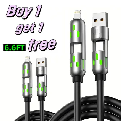 [Buy 1 Get 1 Free] 6.6ft  4-in-1 Multi USB Charging Cable with USB A,Type C,Lightning-MAX65W Fast Charging & Data Sync for iP...