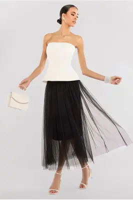 Goddiva Scuba Boobtube Peplum Corset With Tulle Gathered Midaxi Skirt - Cream & Black