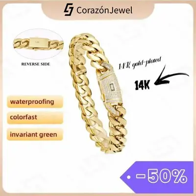 CorazónJewel Mens/Women 14K Gold Plated Cuban Link Bracelet Stainless Steel Miami Thick Necklace Hip Hop Jewelry 6/8/10/12/1...
