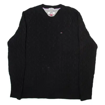 TOMMY HILFIGER Mens Jumper Black Cable Knit Wool M