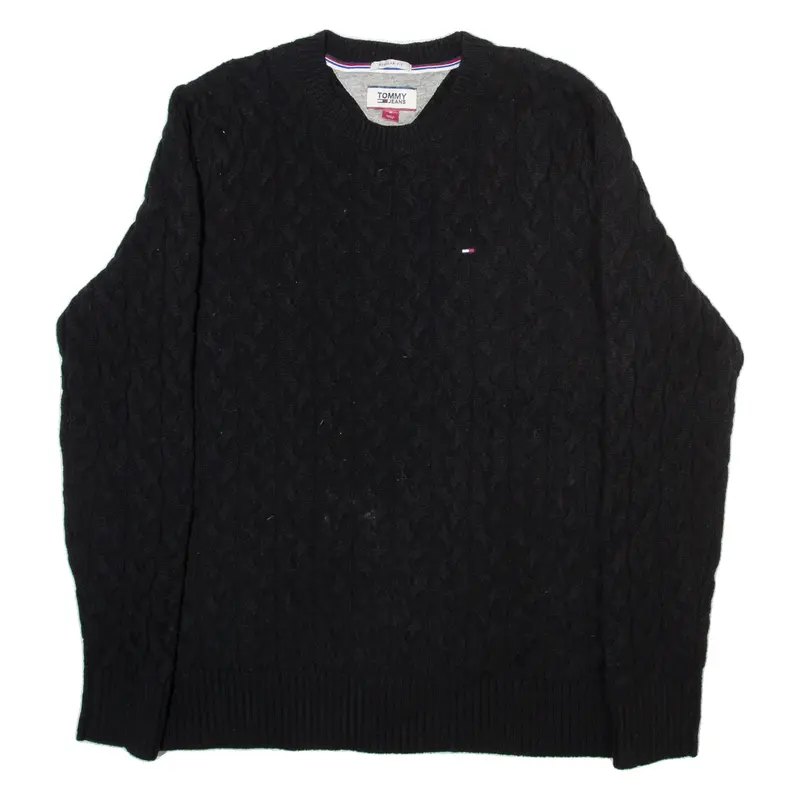 TOMMY HILFIGER Mens Jumper Black Cable Knit Wool M