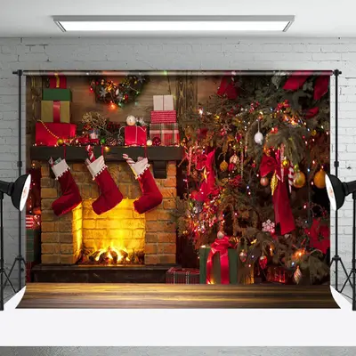 Aperturee Warm Cabin Brick Fireplace Christmas Tree Backdrop
