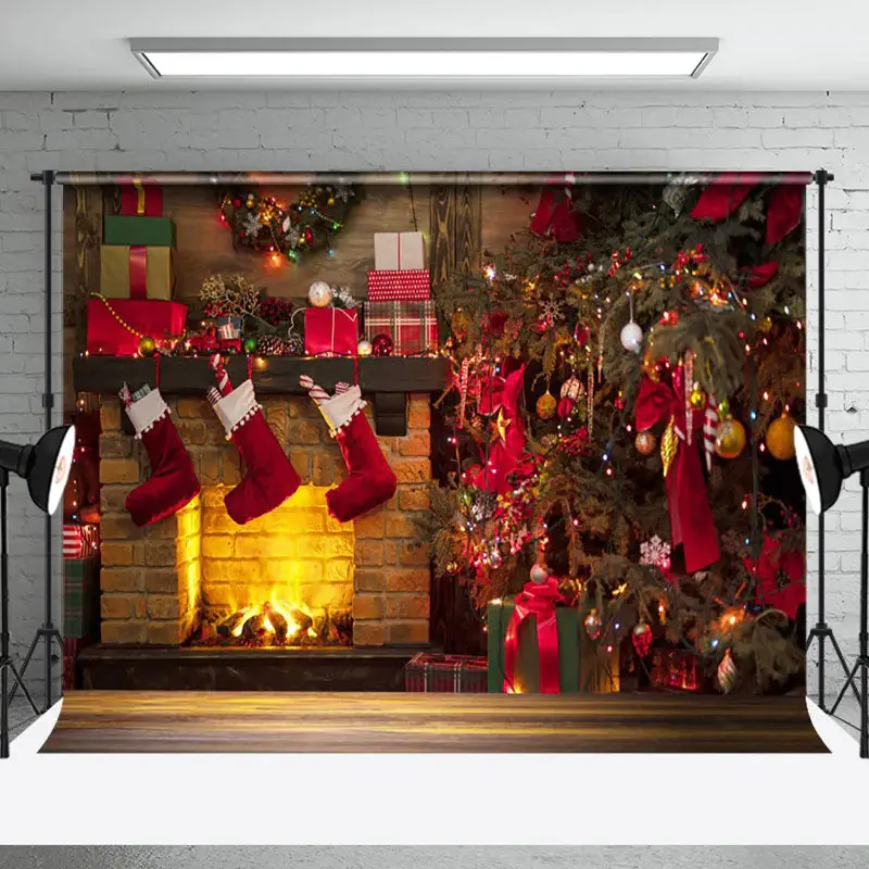 Aperturee Warm Cabin Brick Fireplace Christmas Tree Backdrop