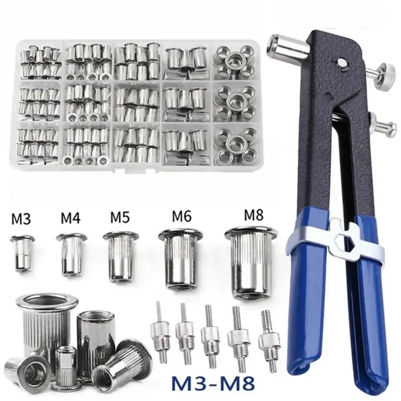 Portable Rivet Nut Tool Kit, Heavy Duty 150pcs M3/M4/M5/M6/M8 Nut Rivet Mandrels Repair Tool, Industrial Rivet Gun Flathead S...