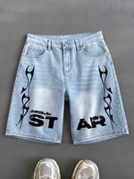Men's Letter & Star Print Denim Shorts, Casual Comfy Loose Fit Shorts for Summer, Fashion Men's Bottoms for Daily Wear, Cotto...