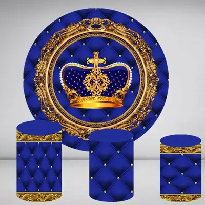 Aperturee Dark Blue And Gold Crown Round Birthday Backdrop Kit | Circle Party Backdrop | Circle Backdrops For Birthday | Roun...