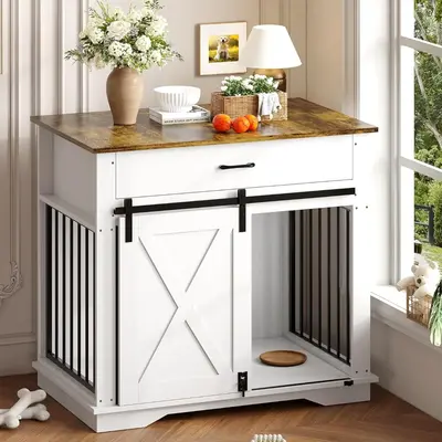 Garvee 38 Dog Crate Furniture, Wooden Dog Furniture with Sliding Door and Drawer, 2 in 1 Indoor Pet House and Side End Table...