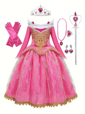 LOEL Girls Princess Costume Dresses Pink Princess Dress Up Clothes with Accessories for Halloween Cosplay Carnival Party