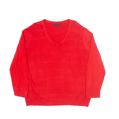 TOMMY HILFIGER Patterned Jumper Red Tight Knit V-Neck Womens XL