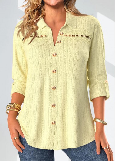 Modlily Light Yellow Lace Long Sleeve Shirt Collar Blouse - L