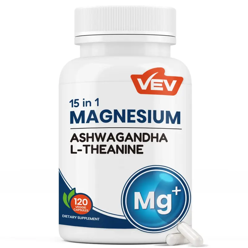 VEV Natural Edible Magnesium Supplement, 15-in-1 with Magnesium Glycinate, Ashwagandha, L-Theanine, Healthcare Dietary (120 C...
