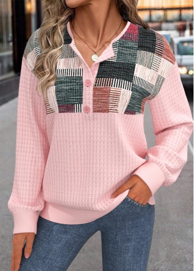 Modlily Pink Button Geometric Print Long Sleeve Sweatshirt - L