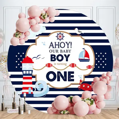 Aperturee Ahoy Baby Boy Blue Sea 1St Birthday Backdrop | Birthday Round Backdrop | Round Backdrop Fabric Cover | Happy Birthd...