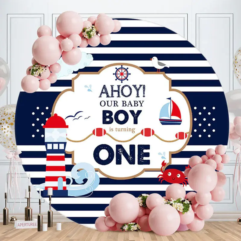 Aperturee Ahoy Baby Boy Blue Sea 1St Birthday Backdrop | Birthday Round Backdrop | Round Backdrop Fabric Cover | Happy Birthd...