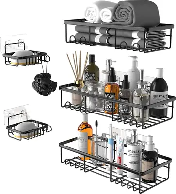 5 Packs Shower Shelves, Adhesive Shower Organizer No Drilling, with Shower Loofah Balls (1 Pack) with Adhesives or Screws Mou...