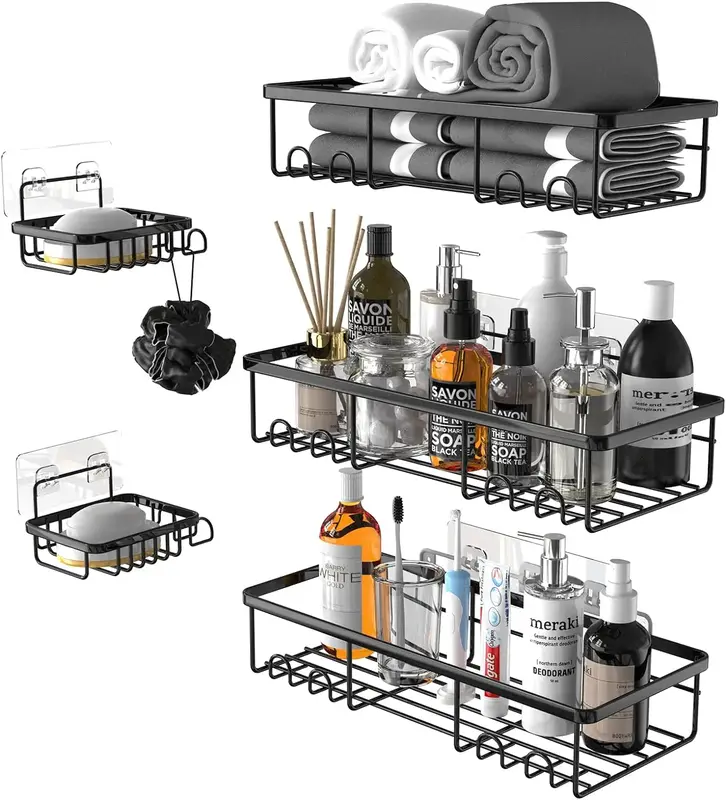 5 Packs Shower Shelves, Adhesive Shower Organizer No Drilling, with Shower Loofah Balls (1 Pack) with Adhesives or Screws Mou...