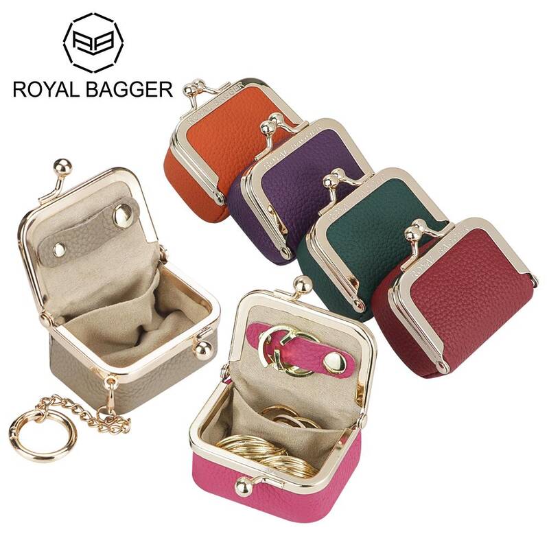 Royal Bagger Genuine Leather Mini Coin Purse, Solid Color Kiss Lock Change Pouch, Casual Style Small Storage Bag for Wom