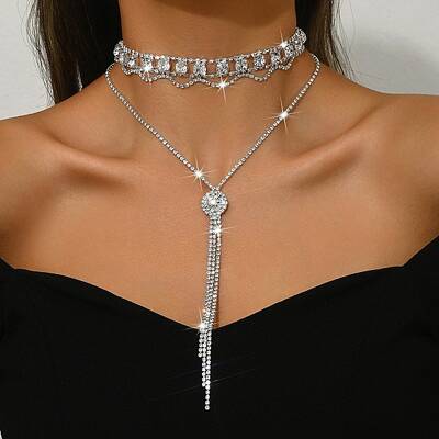 Brass Full Rhinestone Flat Round Tassel Y Necklaces for Women