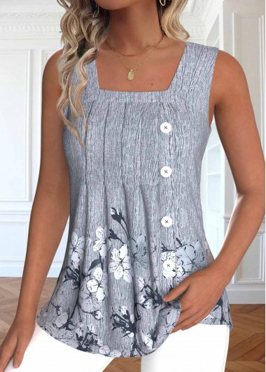 Modlily Light Grey Marl Button Floral Print Sleeveless Tank Top - XL
