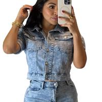 Luna Denim Shortsleeve Jacket with Flower Wash Design - Casual Women's Style - Womenswear