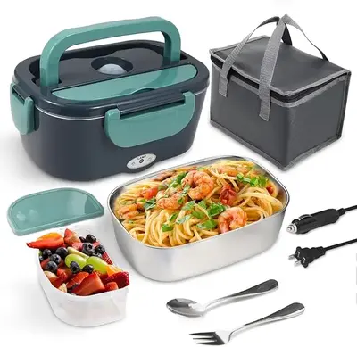 Electric Lunch Box Food Heater 60W Portable 304 Stainless Steel Container Insulated Fork Plastic Green Stylish Fruit Set Tabl...