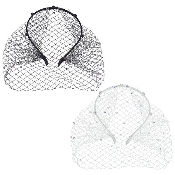 2Pcs 2 Colors Bridal Rhinestones Pearl Mesh Veil Cloth Hair Bands