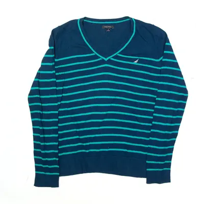 NAUTICA Patterned Jumper Blue Striped V-Neck Womens M