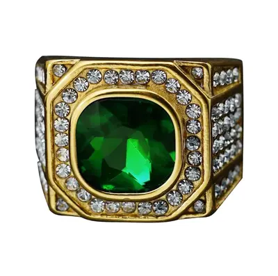 10K Gold Cushion Cut Emerald & Diamond Wedding Band for Men