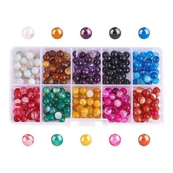 300Pcs 10 Colors Natural Striped Agate/Banded Agate Beads