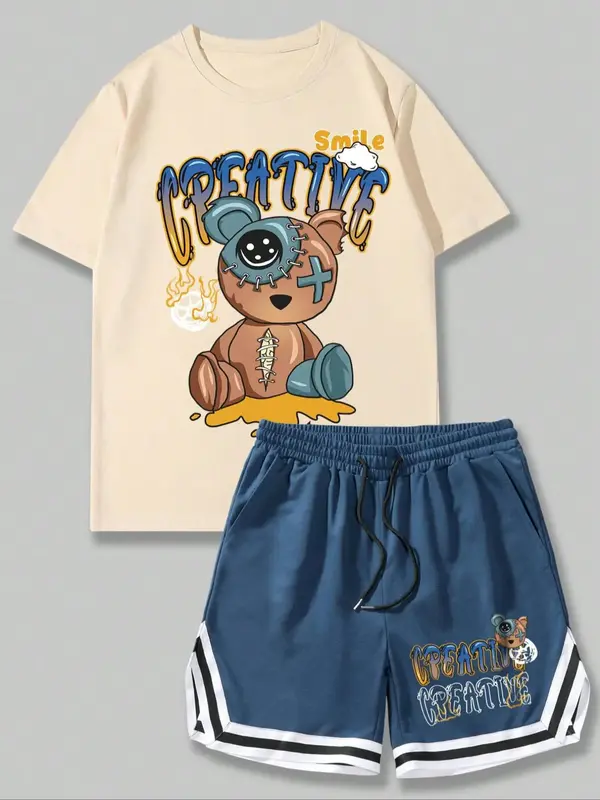 Two-Piece Set Men's Cartoon Bear Graphic Tee & Contrast Trim Drawstring Shorts Set, Regular Fit Round Neck Short Sleeve T-Shi...