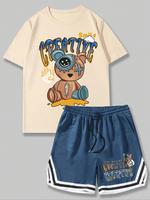 Two-Piece Set Men's Cartoon Bear Graphic Tee & Contrast Trim Drawstring Shorts Set, Regular Fit Round Neck Short Sleeve T-Shi...