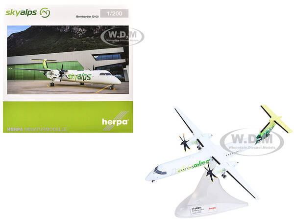 Bombardier Q400 Commercial Aircraft Sky Alps (9H-PAUL) White with Green Tail Graphics 1/200 Diecast Model Airplane by Herpa