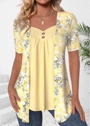 Modlily Light Yellow Floral Print Fake Two Piece Twinset - L