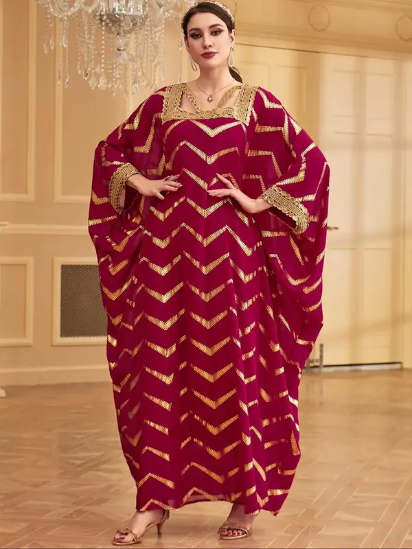 Arabic Clothing-Contrast Sequin Batwing Sleeve Square Neck Kaftan, Modest Long Sleeve Loose Long Dress for Women, Women's Isl...