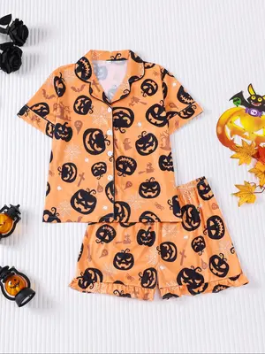Cute Children's Cartoon Halloween Pajamas, New Holiday Children's Clothing, Casual Outings Orange Funny Pumpkin Head Print, C...