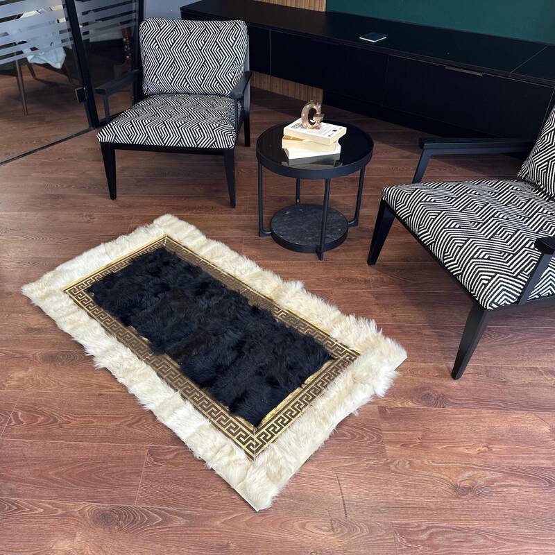 Black & Cream Sheepskin Fur Rug with Gold Frame