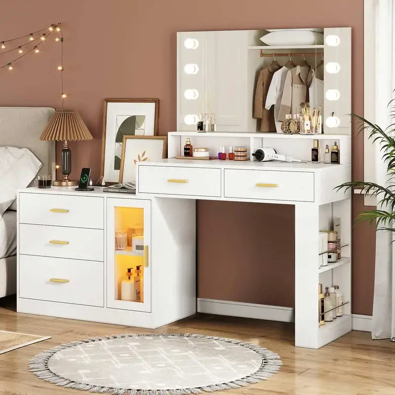 Sikaic LED Makeup Vanity Dresser With Mirror And Charging Station & 5 Drawers Cabinet Storage Furniture Bedroom Aesthetic Mod...