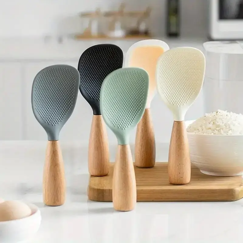 Silicone Spoon with Wooden Handle, 1 Count Heat-insulation Heat-resistant Spoon for Rice Cooker, Practical Kitchen Tool for H...