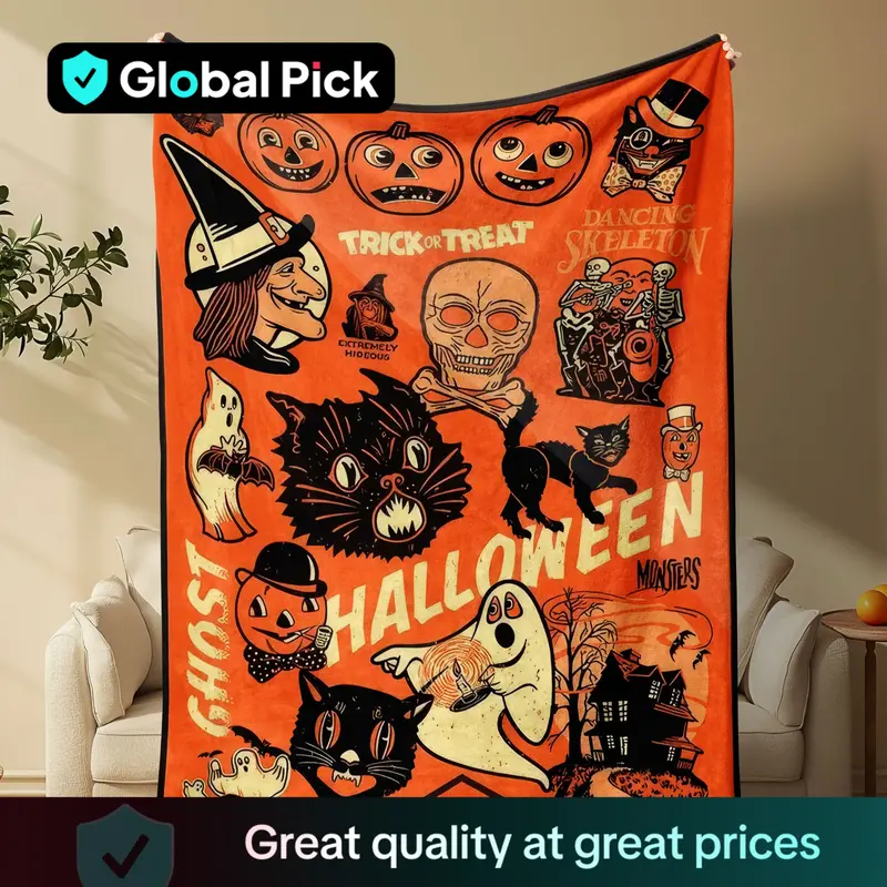 Halloween Themed Blanket, Spooky Patterned Soft Warm Throw Blanket, Bedroom Bedding Blankets, Warm Napping Blanket for Home O...