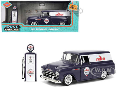 1957 Chevrolet Suburban Chevron Dark Blue with White Stripes and Chevron Gas Pump Just Trucks Series 1/24 Diecast Model Car b...